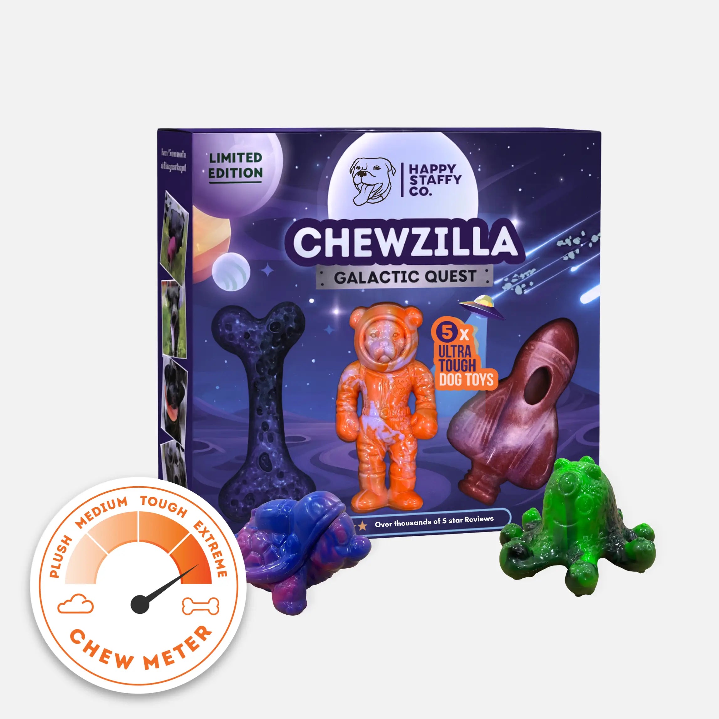 Happy Staffy Co. Chewzilla Galactic Quest toy set with packaging and toys on a white background
